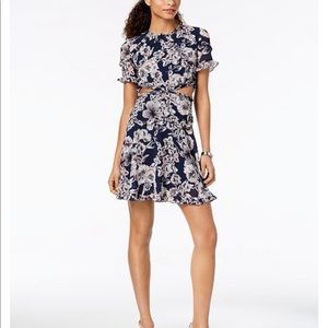 Bardot Floral Ruffled Cut Out Fit Flare Dress,Navy